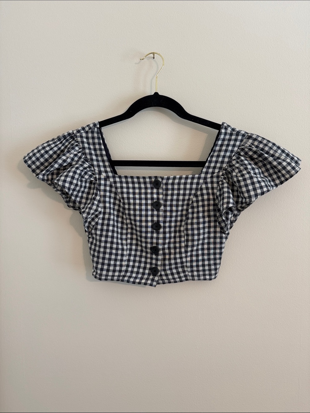 UO Rita Gingham Flutter Sleeve Cropped Top // XS - Picture 3 of 10